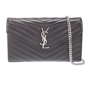 Yves Saint Laurent Black Chevron Clutch with Silver Chain